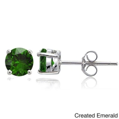 Sterling Silver Round Gemstone Birthstone Emerald Stud Earrings