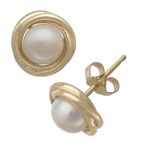 Ladies Design 14K Gold Over Pearl Swirl Stud Earrings 925 Sterling Silver