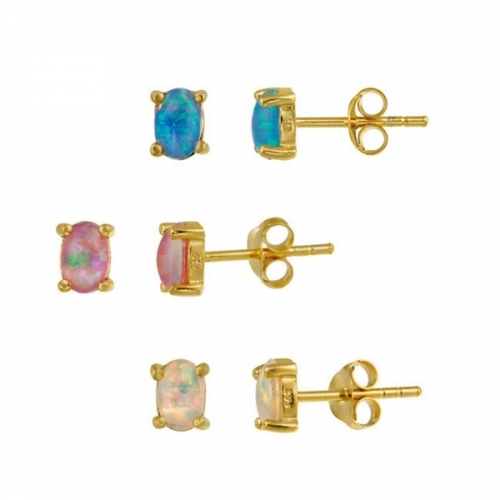 Sterling Silver Oval Shaped Lab Opal Tiny Stud Earrings for Women