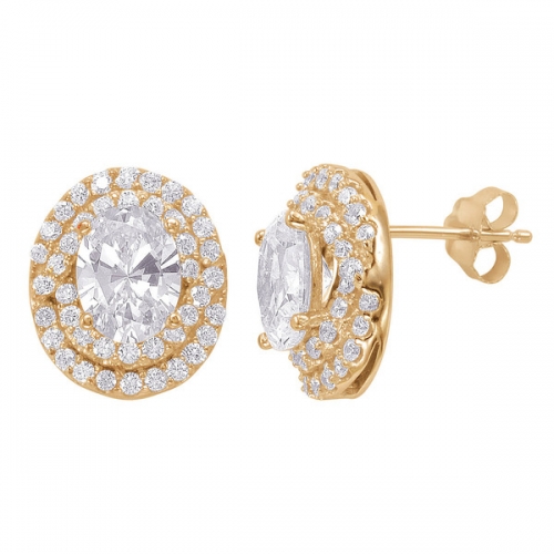 Sterling Silver 14K Gold Plated Cubic Zirconia Sparkly Halo Stud Earrings