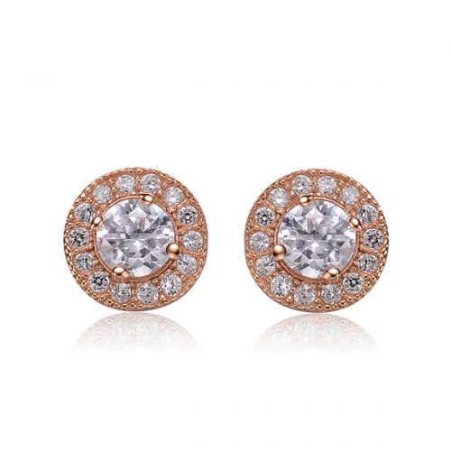 Sterling Silver Rose Gold Plated Round Stud Earrings Cubic Zirconia
