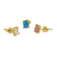 Sterling Silver Oval Shaped Lab Opal Tiny Stud Earrings for Women