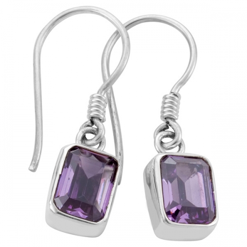 Fine Jewelry Sterling Silver Emerald-cut Amethyst Dangle Hook Earrings