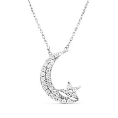 Sterling Silver Cubic Zirconia Moon and Star Necklace Fashion Jewelry
