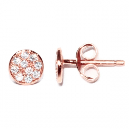Rose Gold Plated Sterling Silver Cubic Zirconia Tiny Round Disc Stud Earrings