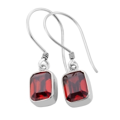 Indonesia Sterling Silver Emerald-cut Garnet Dangle Hook Earrings Women