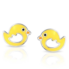 Animal Jewelry Yellow Enamel Duck Baby Bird Kids Stud Earrings 925 Silver