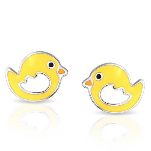 Animal Jewelry Yellow Enamel Duck Baby Bird Kids Stud Earrings 925 Silver