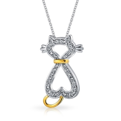 Landou Jewelry Gold Plated Cat Silhouette CZ Animal Heart Pendant Necklace