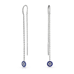 925 Sterling Silver Simulated Sapphire CZ Evil Eye Chain Threader Earrings