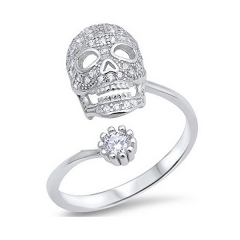 Fine Jewelry 925 Sterling Silver Cubic Zirconia Skull Open Adjustable Ring