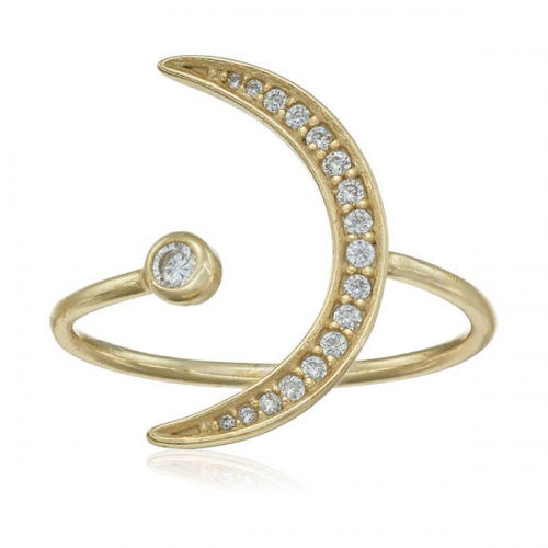 14K Gold Over Sterling Silver Cubic Zirconia Crescent Moon Open Ring