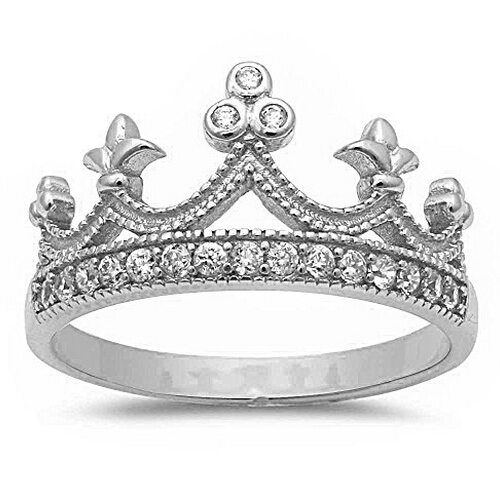 925 Sterling Silver Pave Set Cubic Zirconia Crown Ring Women Jewelry