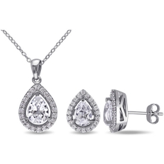 925 Sterling Silver Created White Sapphire Set of Necklace and Earrings