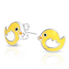 Animal Jewelry Yellow Enamel Duck Baby Bird Kids Stud Earrings 925 Silver