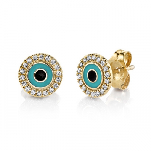 Landou Jewelry Yellow Gold Diamond Enamel Evil Eye Disc Studs Earrings