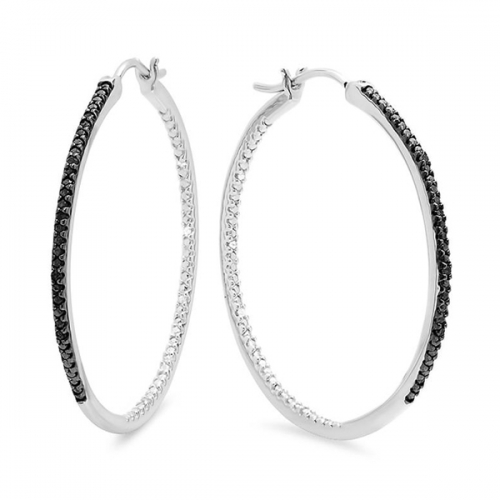 Sterling Silver Two-tone Plated White and Black CZ Big Hoop Earrings