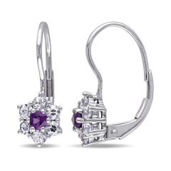 925 Solid Silver Amethyst and Sapphire Polished Leverback Drop Earrings