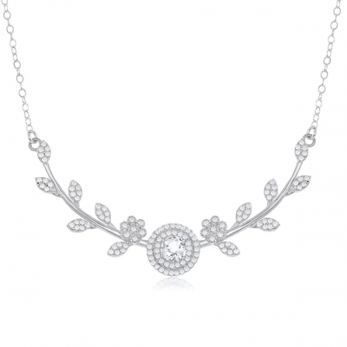 925 Silver Round Center CZ with Flower and Leafs Necklace for Party