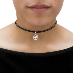 Cubic Zirconia Sterling Silver Tree of Life Black Rope Choker Necklace