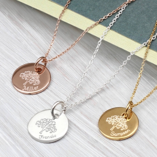 High Polish Rose Gold Family Tree of Life Disc Necklace in Sterling Silver