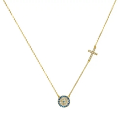 Turkish Jewelry 14K Yellow Gold Plated CZ Evil Eye with Cross Necklace