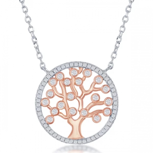 Sterling Silver Two Tone Plated Bezel-Set CZ Tree of Life Circle Necklace
