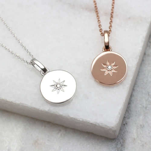Pink Gold Plated Sterling Silver Solitaire Diamond Starburst Disc Necklace