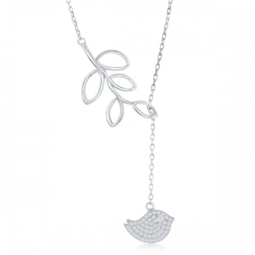 Sterling Silver with Hanging Pave Cubic Zirconia Leaf and Bird Lariant Necklace