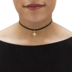 Cubic Zirconia Sterling Silver 14K gold plated Starburst Black Rope Choker Necklace