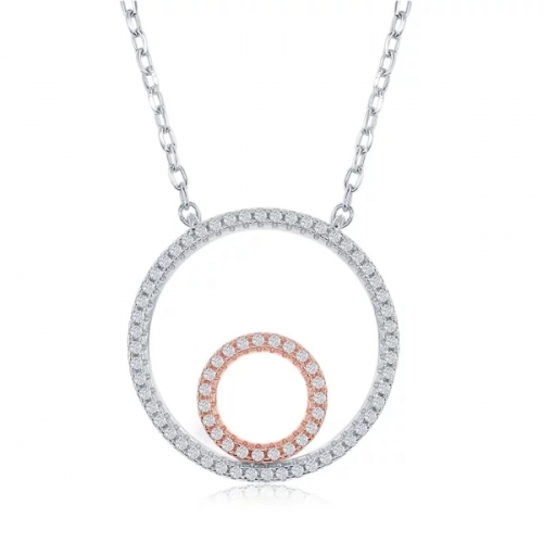 Sterling Silver Two Tone Cubic Zirconia Double Open Circle Necklace