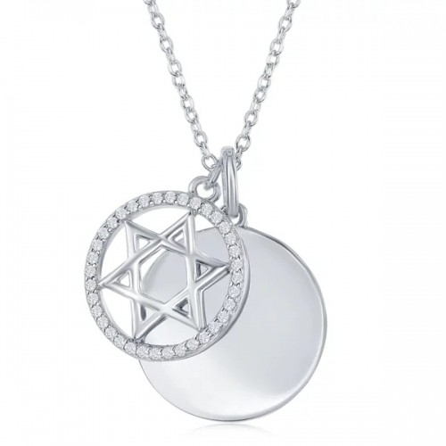Sterling Silver Double Round Disc CZ Star of David Pendant Necklace