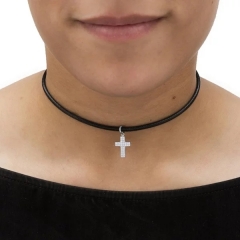 Fashion Cubic Zirconia Sterling Silver Cross Braided Black Rope Choker Necklace