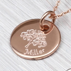 High Polish Rose Gold Family Tree of Life Disc Necklace in Sterling Silver