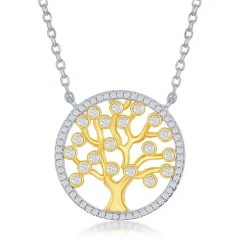 Sterling Silver Two Tone Plated Bezel-Set CZ Tree of Life Circle Necklace