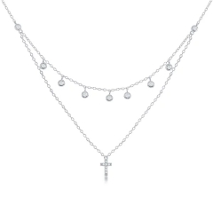 Sterling Silver Double Strand Bezel Set White CZ by the Yard Cross Necklace