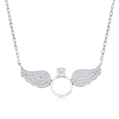 Sterling Silver Cubic Zirconia Angel Wing with Engagement Ring Necklace