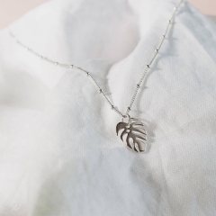 Fashion Sterling Silver Beads Chain Palm-leaf Leaf Pendant Necklace for Her