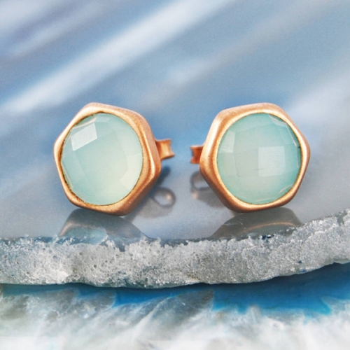 Sterling Silver Blue Chalcedony Round Gemstone Rose Gold Earrings
