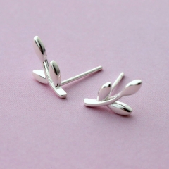 Simple Design High Polish Sterling Silver Olive Tree Leaf Stud Earrings