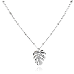 Fashion Sterling Silver Beads Chain Palm-leaf Leaf Pendant Necklace for Her