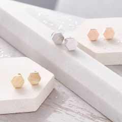 Petite Dedsign Sterling Silver Hexagonal Brushed Finished Tiny Stud Earrings