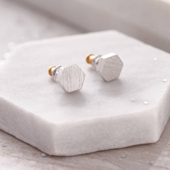 Petite Dedsign Sterling Silver Hexagonal Brushed Finished Tiny Stud Earrings