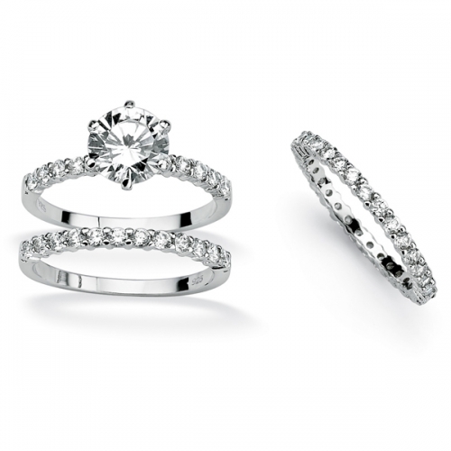 Solid Sterling Silver Prong Set Cubic Zirconia Engagement Wedding Ring Set
