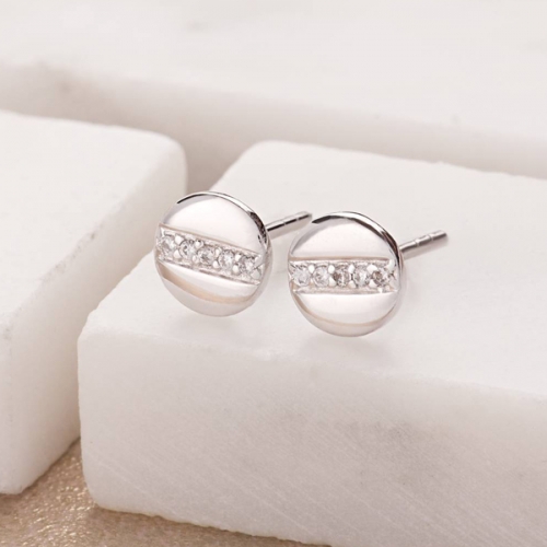 Tiny Design Sterling Silver Mini Disc with Line of Sparkle CZ Stud Earrings