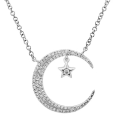 925 Sterling Silver CZ Yellow Gold Crescent Moon and Star Charm Necklace