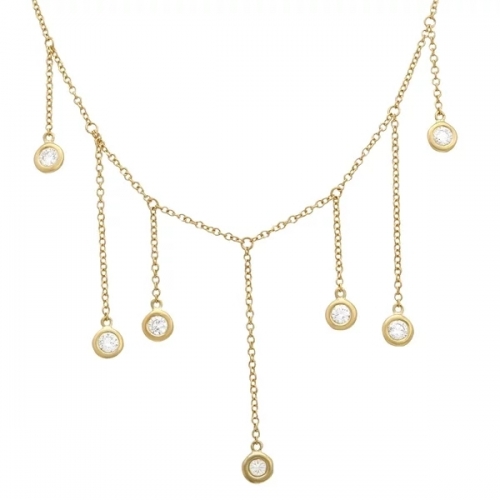 Women Jewelry 14K Yellow Gold Cubic Zirconia Bezel Drop Silver Necklace