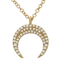 14K Yellow Gold Prong Setting CZ Crescent Moon Necklace in Silver