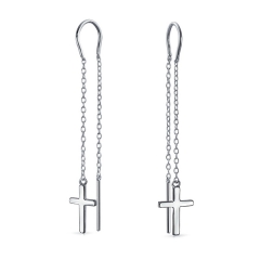 Modern Sterling Silver Dangling Cross Long Chain Threader Earrings