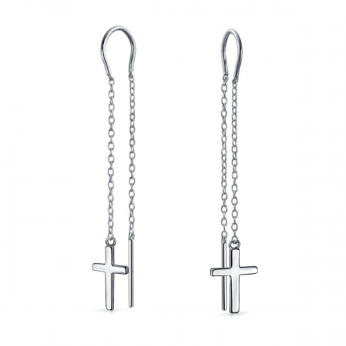 Modern Sterling Silver Dangling Cross Long Chain Threader Earrings